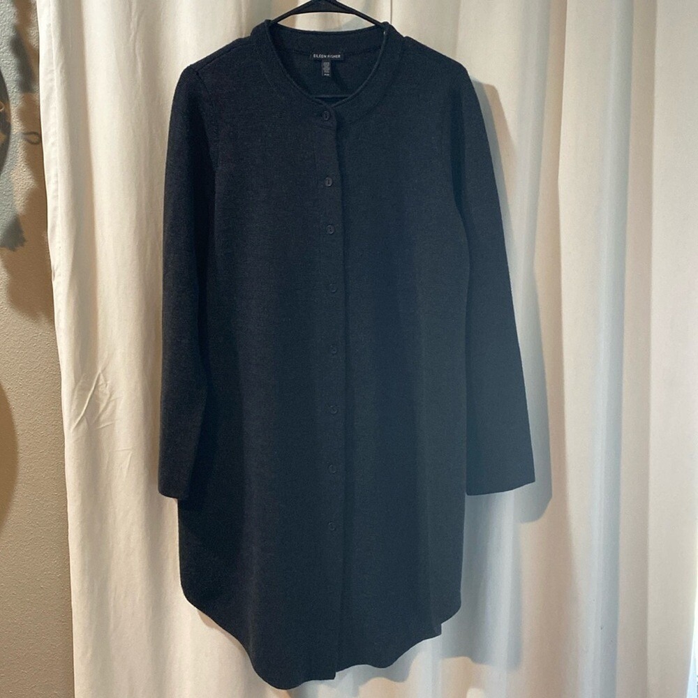 Eileen Fisher 100% Merino Wool Button Cardigan Sweater Round Hem gray med Women